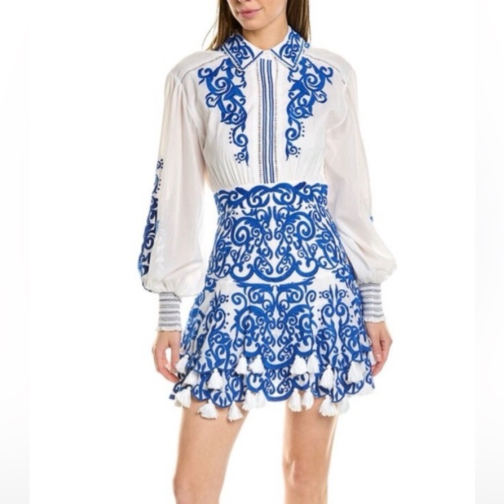 Alice+Olive Embroidered Blue and White Dress